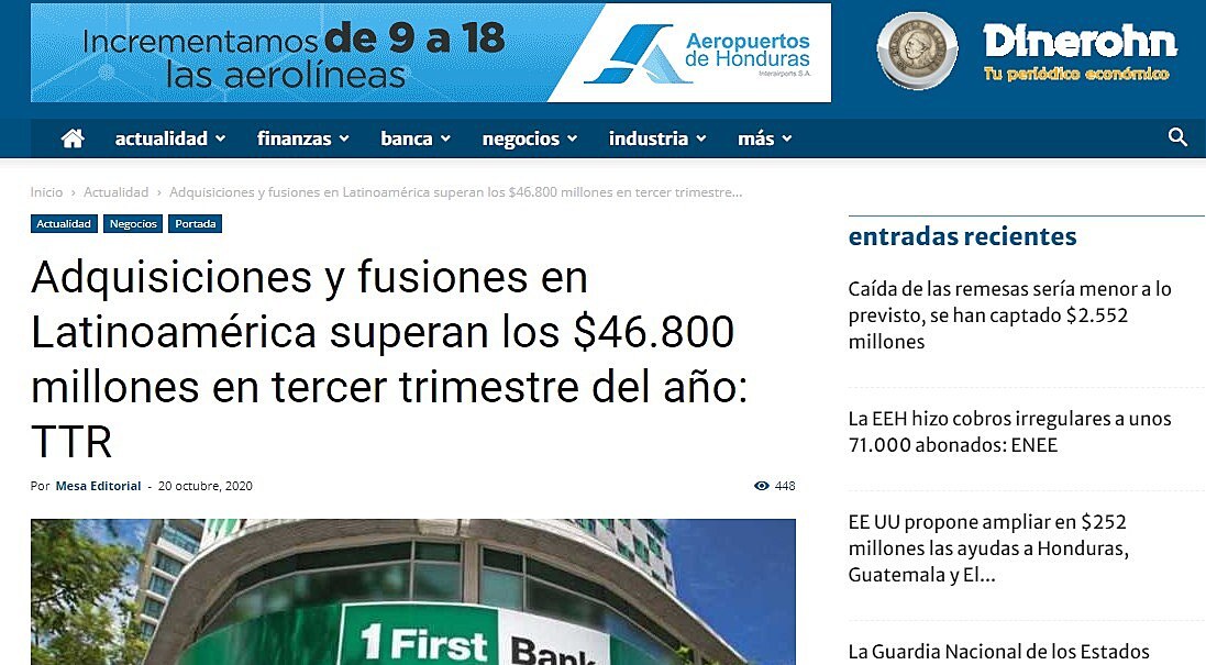 Adquisiciones y fusiones en Latinoamrica superan los USD 46.800m en el tercer trimestre del ao: TTR